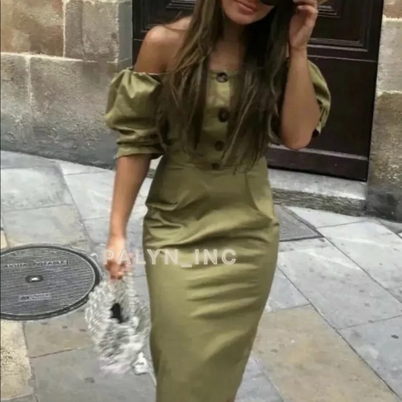 ❤️NWT ZARA KHAKI OFF-THE-SHOULDER MIDI DRESS - Picture 3 of 14